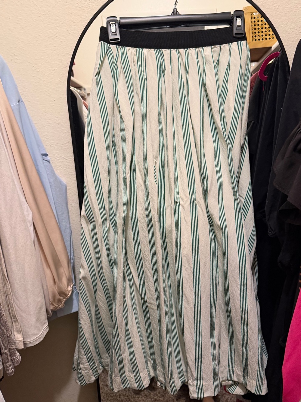 Green & White Striped Maxi Skirt with Elastic Waist